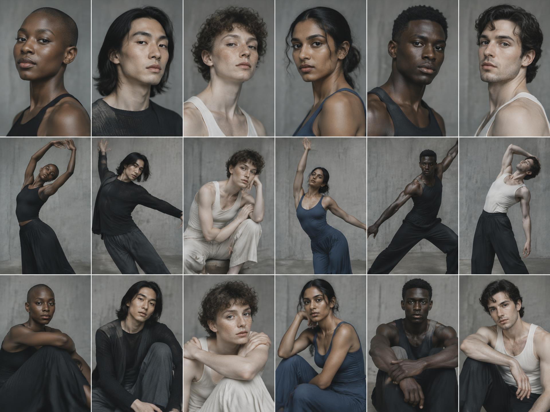 Contact sheet of twelve movement artists